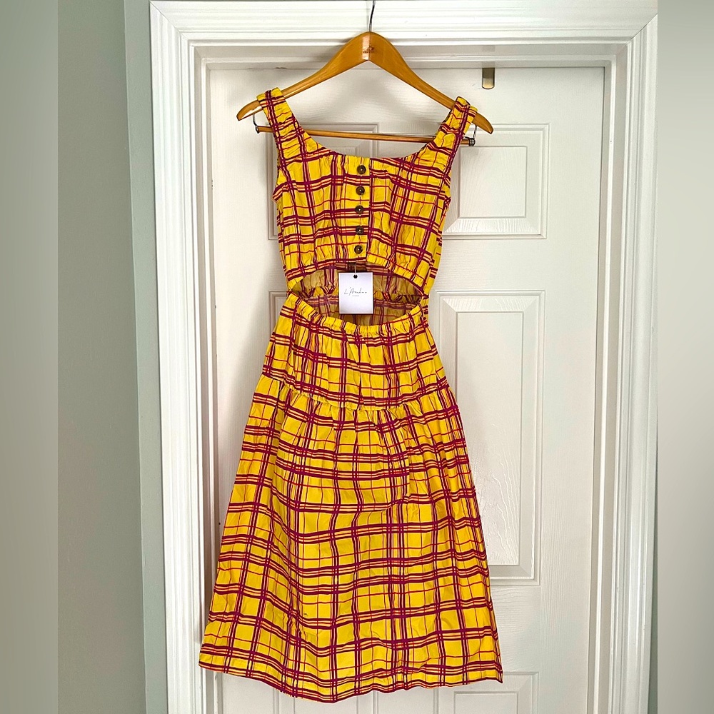 The Anne Midi Dress in Yellow Plaid- L'Academie- Small - retro style